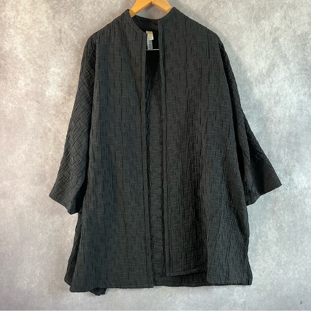 Marla Wynne Jacket Women Large L Black Texture Long Open Front Stretch Side Slit